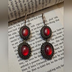 Vintage-Style Red Cabochon Dangle Earrings, Antique Bronze Tone